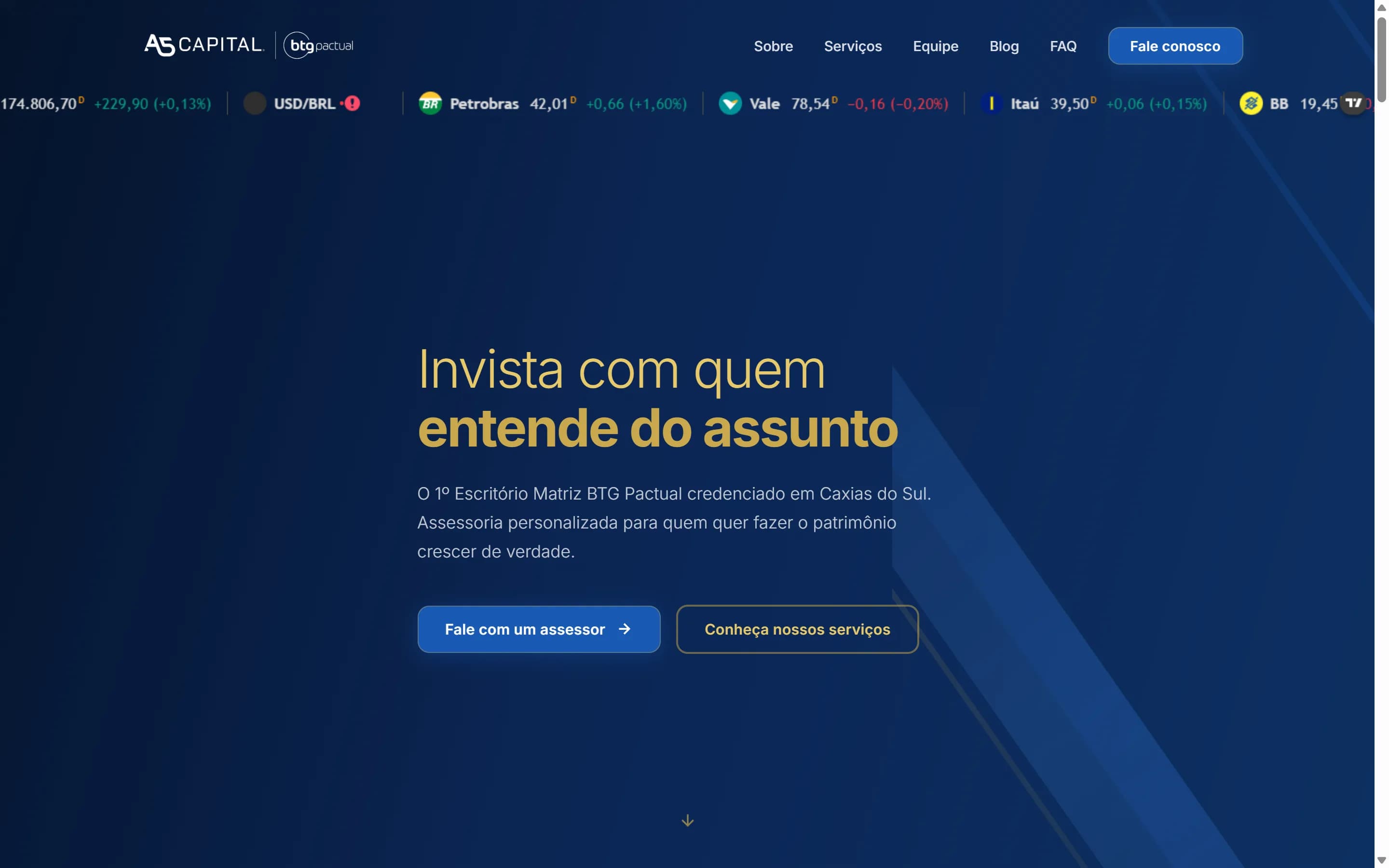 Primeira dobra do site A5 Capital