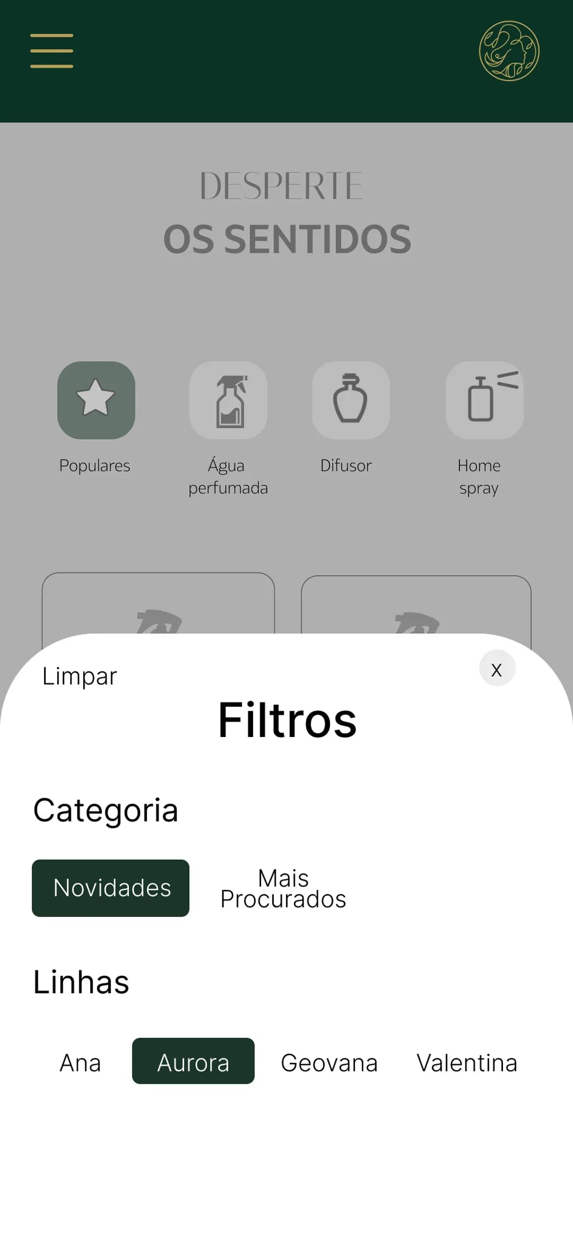 Filtros por categoria e linha no celular