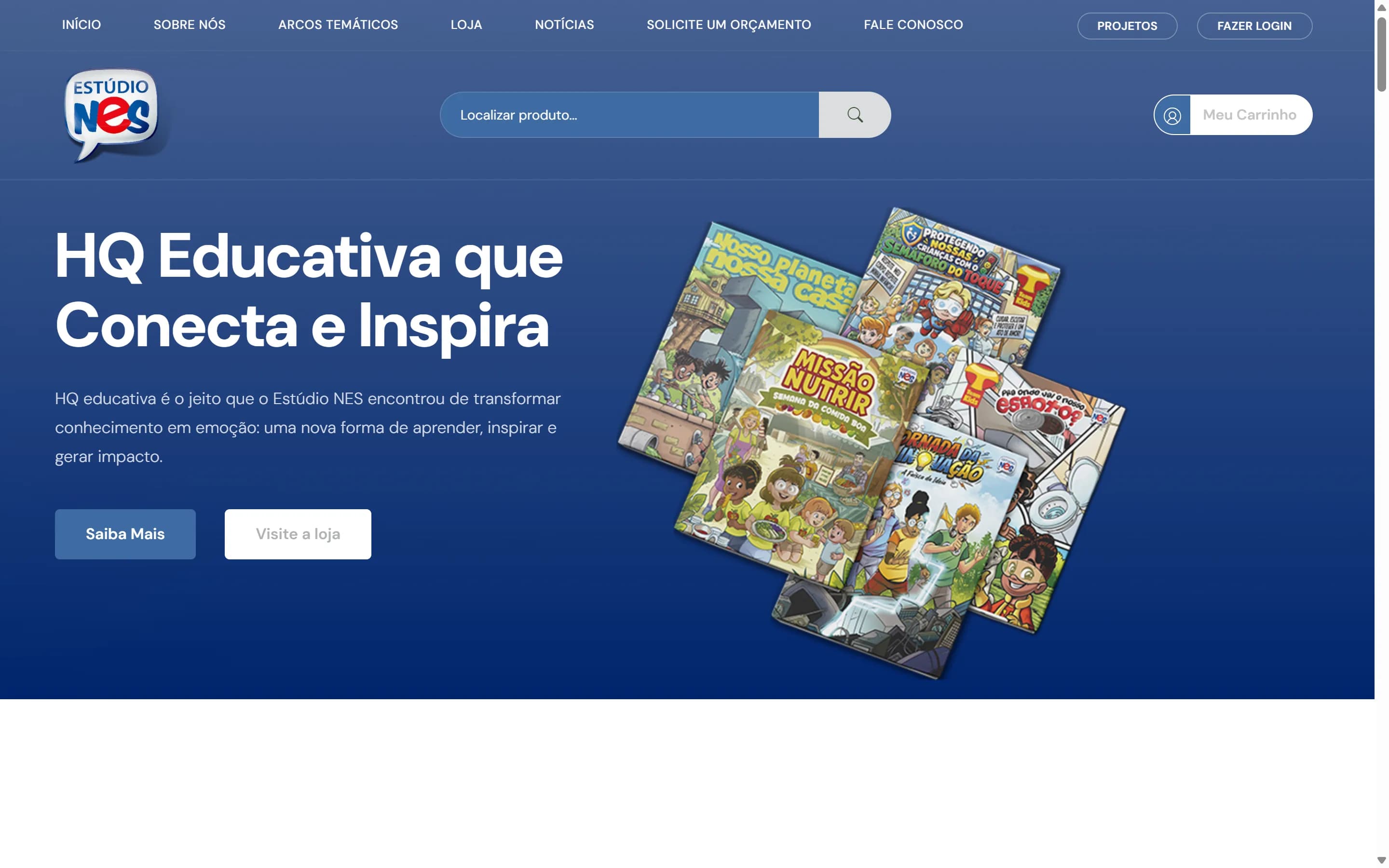 Primeira dobra do site Estúdio NES