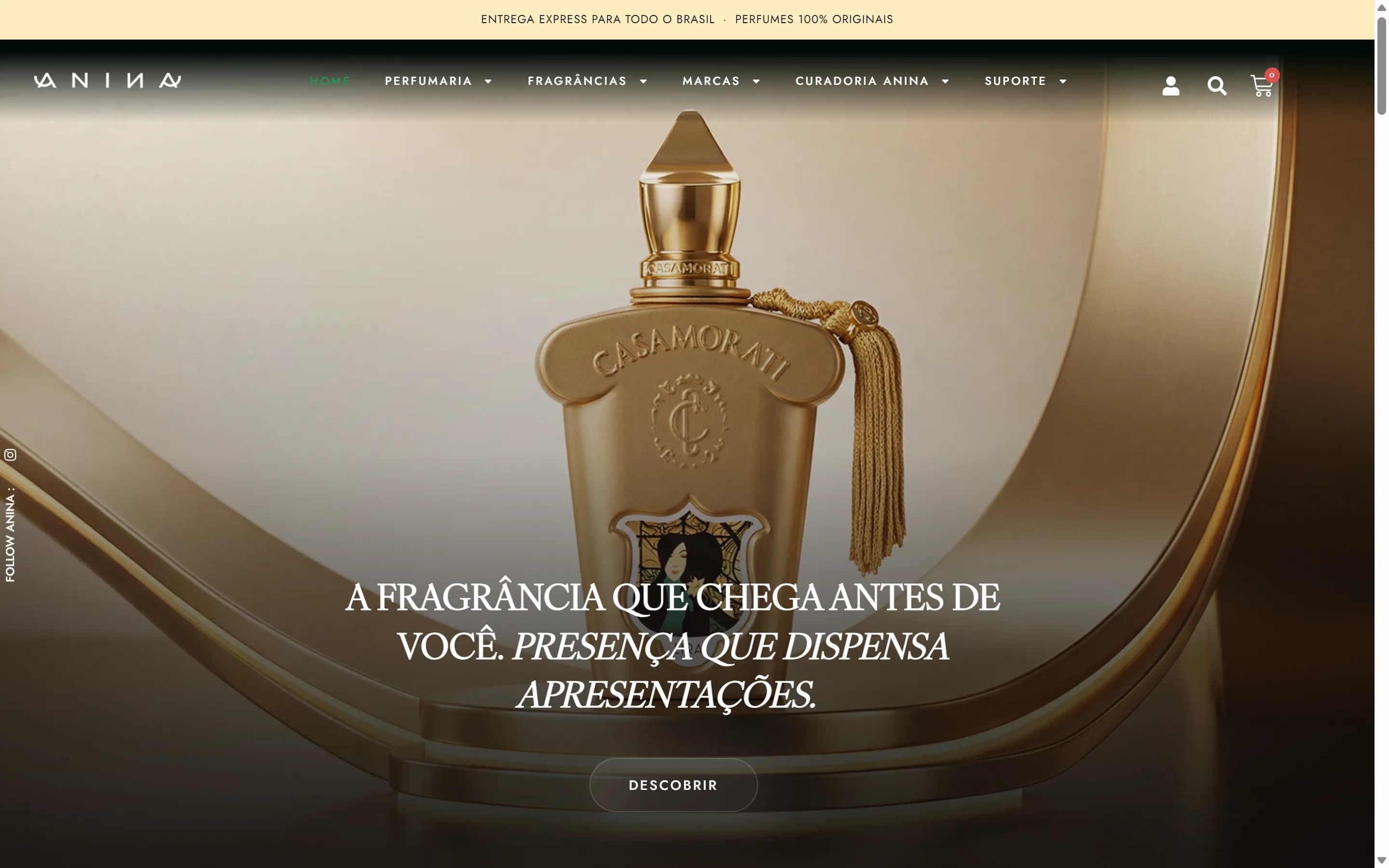 Primeira dobra do site Anina Parfum
