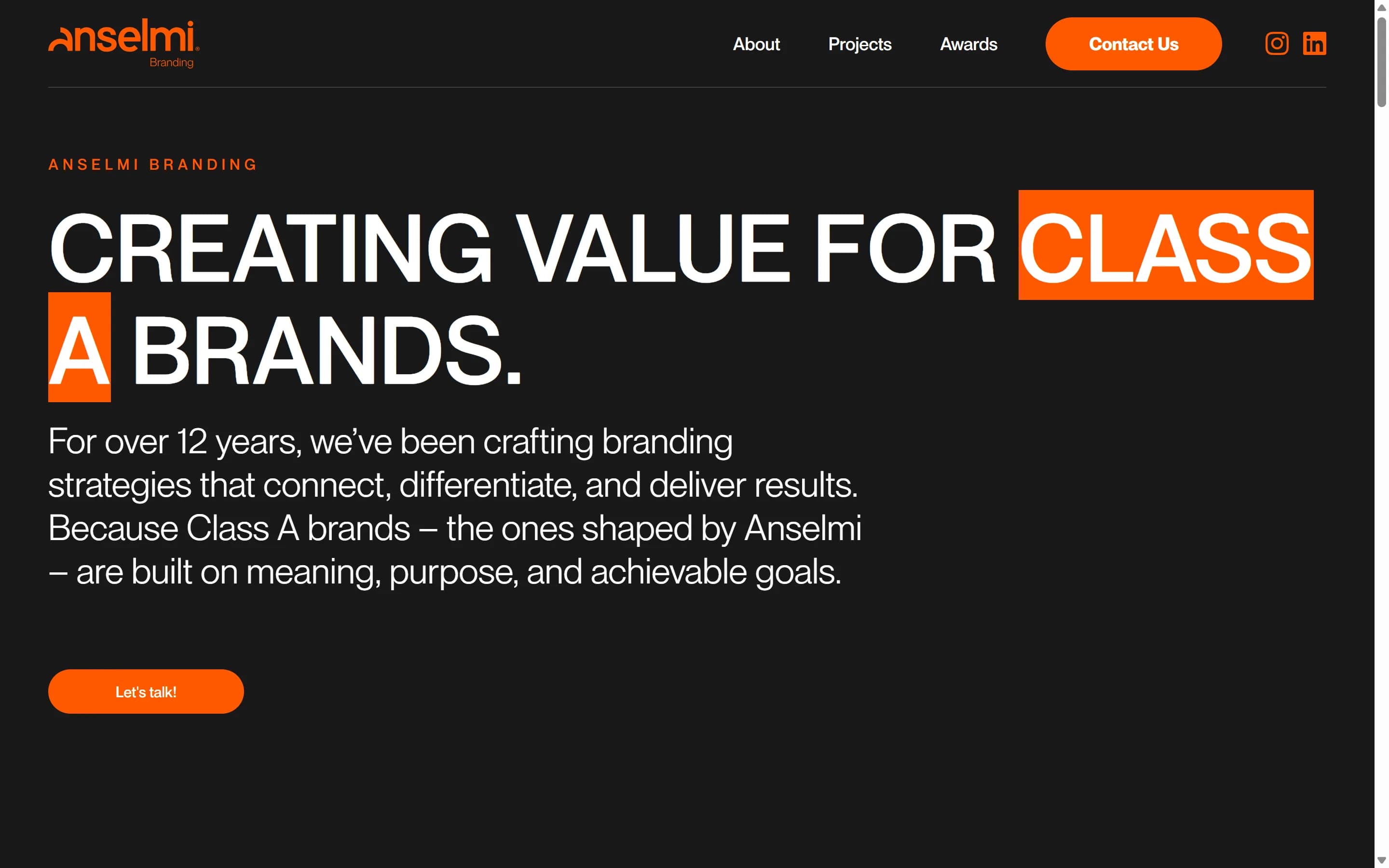 Primeira dobra do site Anselmi Branding