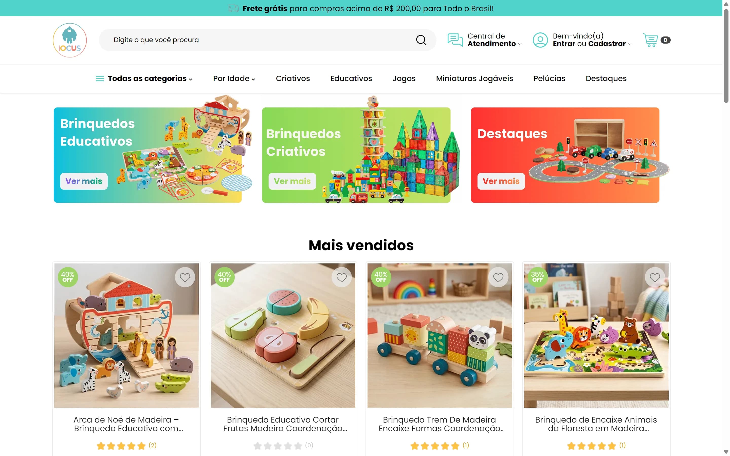 Primeira dobra do site Iocus Brinquedos